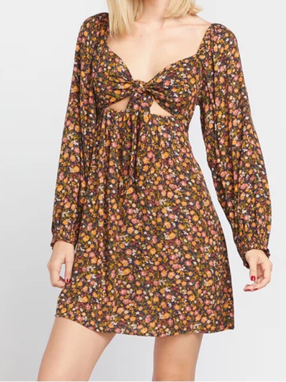 Volcom Brown Floral Tie-Front Long Sleeve Mini Dress